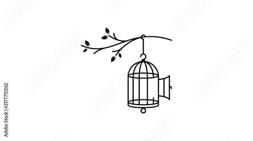 Empty bird cage hanging from tree branch line art
