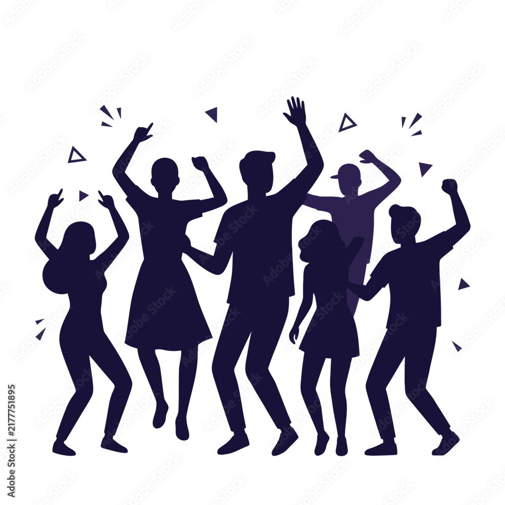 Fototapeta premium Group of happy young people dancing together in dark silhouette on white