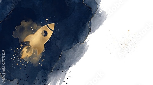 Golden Rocket Launch Startup Business Watercolor Background With Copy Space
