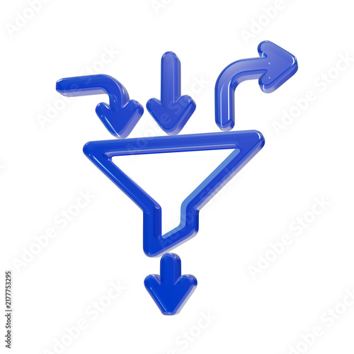 Konstfotografi Glossy blue 3d funnel with multiple incoming and outgoing arrows, isolated on a
