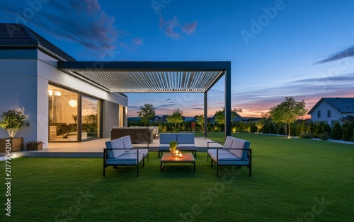 Elegant Outdoor Terrace with Cozy Seating and Modern Design at Sunset in a Residential Setting
