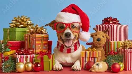 Adorable Christmas Themed Dog Posing with Colorful Gift Box and Festive Decorations for Holiday Cheer