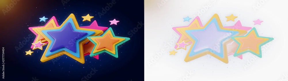 Obraz premium 3d render of colorful glossy stars with a soft glow effect on dark and light backgrounds isolated on transparent background