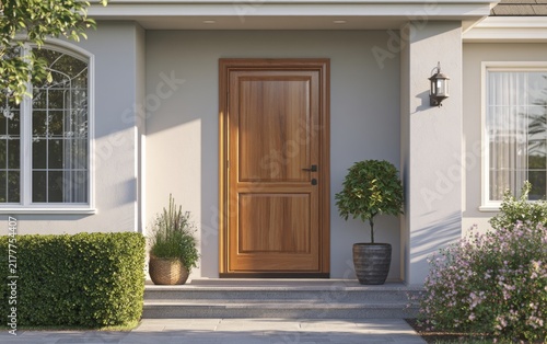 Elegant Wooden Front Door Displayed at Residential Entryway with Lush Greenery and Natural Light