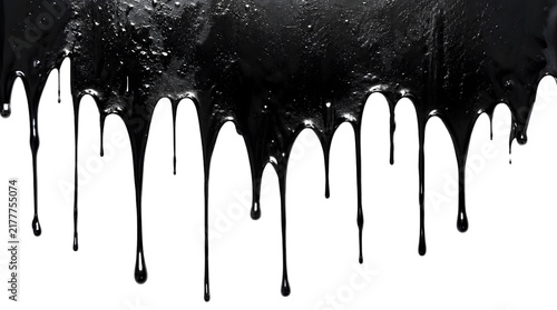 Thick black liquid paint dripping isolated on transparent background