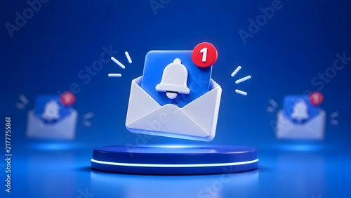 3D email notification concept with envelope and ringing bell icon hovering over blue podium representing new message alert and digital communication