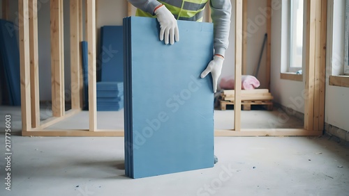 Construction worker holding a large blue insulation board inside a wooden frame building site