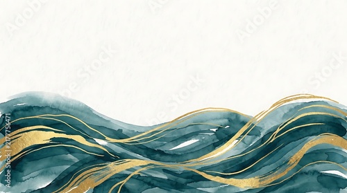 Teal Gold Abstract Watercolor Waves Background With Copy Space
