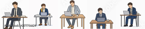 Photography A set of vector illustrations featuring a male secretary looking bored and lethargic due to work at his desk