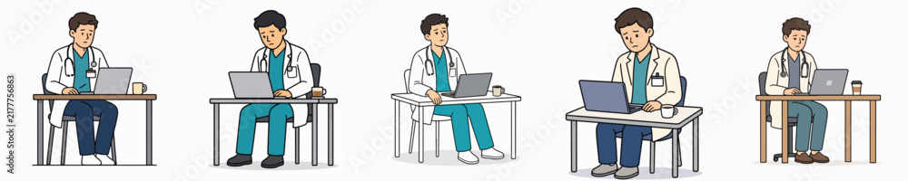 Fototapeta premium A set of vector illustrations of a male doctor looking bored, listless, and exhausted from work.