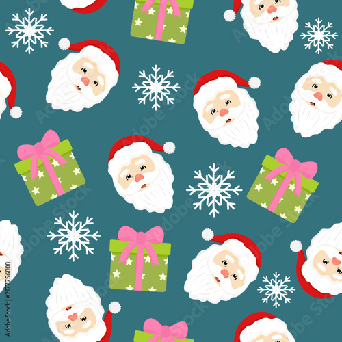 Seamless Santa Claus Christmas Pattern with Gift Boxes and Snowflakes for Textile and Wrapping Paper
