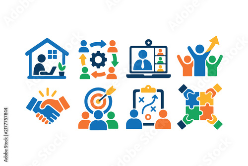 Teamwork Collaboration Business Icons Set, Premium Flat Vector Symbols For Partnership, Remote Work, Leadership, Strategy, Workflow, Team Building, Planning, Communication, And Corporate Projects
