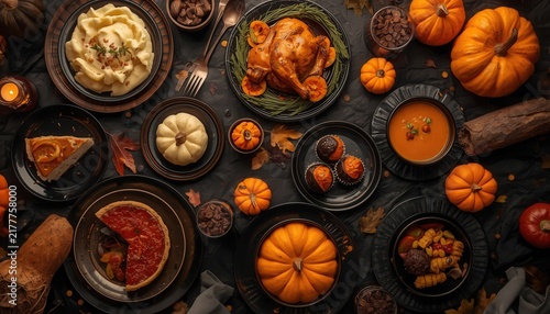 Thanksgiving Feast Spread: A bountiful spread of traditional Thanksgiving dishes, including roasted turkey, mashed potatoes, pumpkin pie, and various autumnal delights.