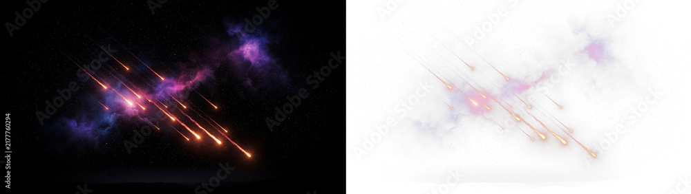 Fototapeta premium Meteor shower with glowing comets shooting across a starry galaxy with purple nebula, isolated on transparent background