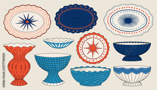 vintage colorful plates and bowls set