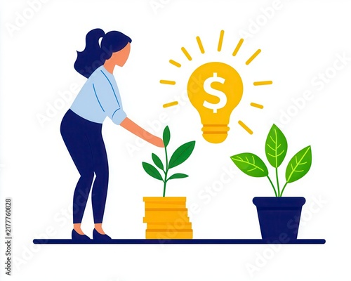 Woman planting icons of idea, execution, revenue