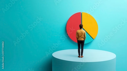 Person standing on rising pie chart, market share increase concept