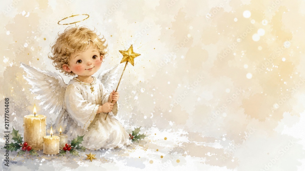 Fototapeta premium Watercolor christmas angel with star wand and candles, cute cherub illustration in winter setting. holiday greeting card design, festive decor, new year spirit, winter magic art COPY SPACE