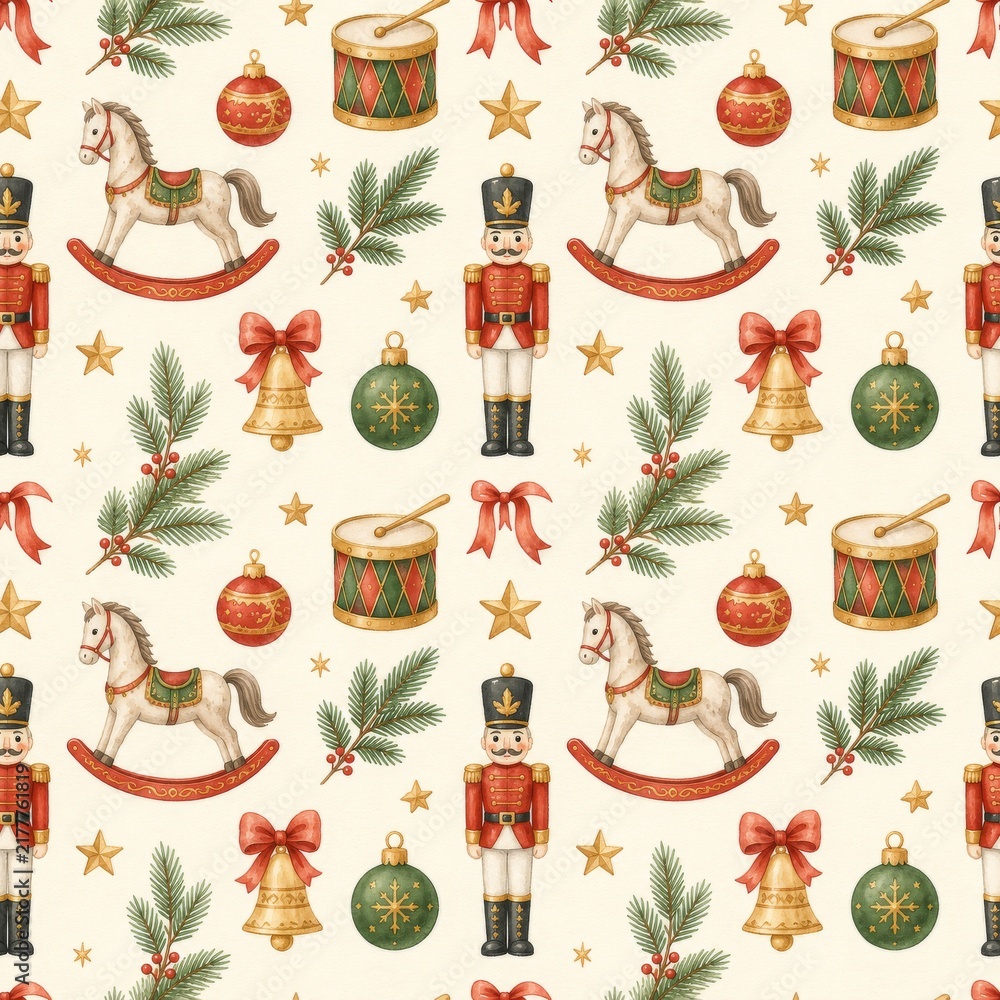 Fototapeta premium Watercolor christmas seamless pattern with nutcracker, rocking horse, drum, festive ornaments, holly. holiday decoration, winter textile, gift wrap design, seasonal cheer.