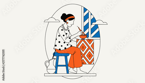 Woman eating from bowl, cozy home interior, illustration, simple modern style
