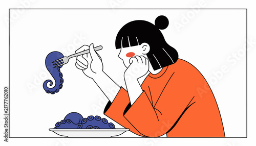 Woman eating octopus, minimalist illustration with clean lines, isolated on transparent background.