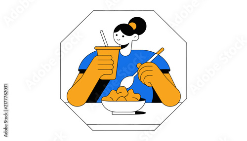 Woman eating noodles and drinking from cup