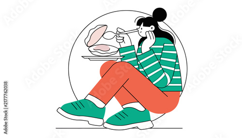 Woman Eating Oysters from Shell with Spoon - Minimalist Flat Illustration