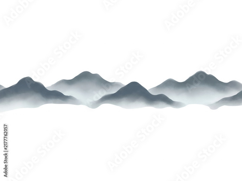Ilustração minimalista de montanhas em estilo de pintura a tinta chinesa com tons de cinza suaves e gradientes delicados, isolada em um fundo branco puro, ideal para design gráfico e composições zen.