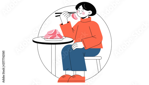 Woman Eating Raw Meat with Chopsticks, Healthy Food Concept, Flat Design