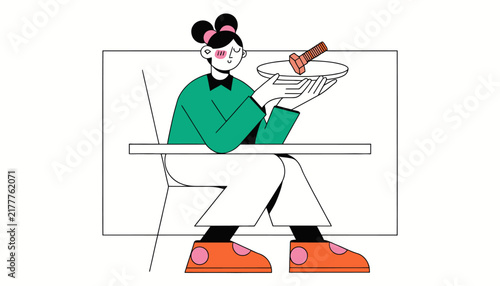 woman eating pizza slice sitting at table