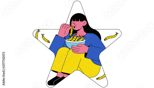 Woman eating popcorn sitting on star