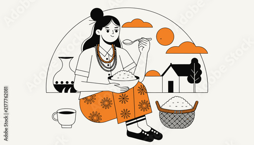woman eating rice bowl in traditional indian village