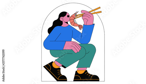 Woman eating shrimp with chopsticks, modern flat illustration style, healthy seafood meal concept