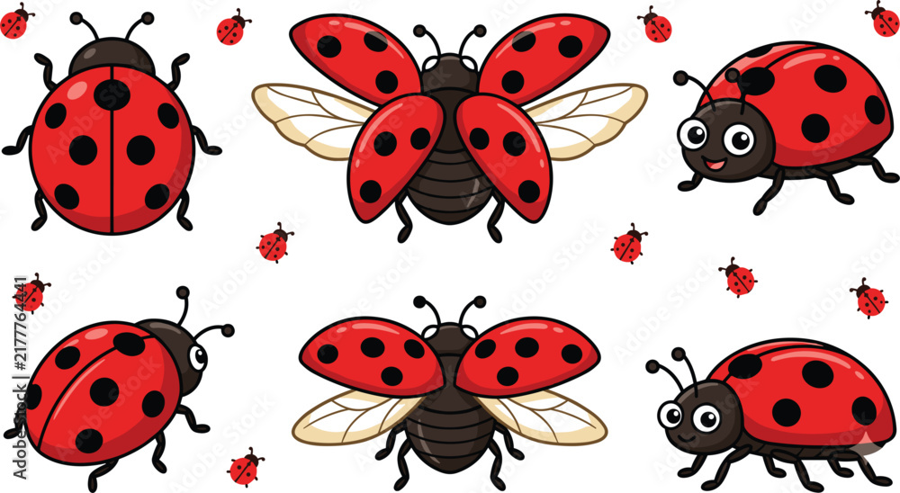 Fototapeta premium Cute cartoon ladybug vector set featuring adorable red beetles with spots flying crawling and smiling for children education and spring decor