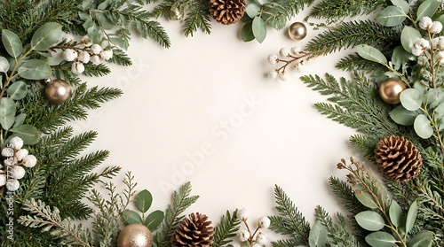 Elegant Christmas pine branches border frame.
