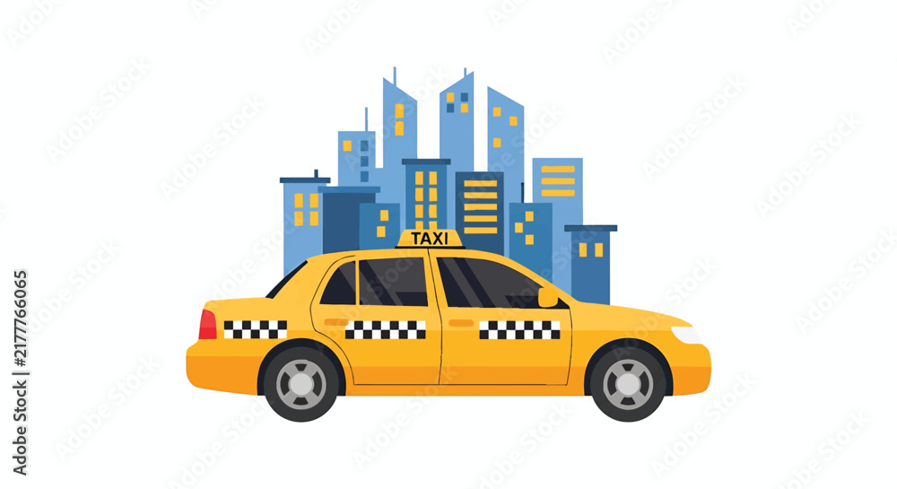 Fototapeta premium Yellow taxi cab driving in front of a modern city skyline silhouette