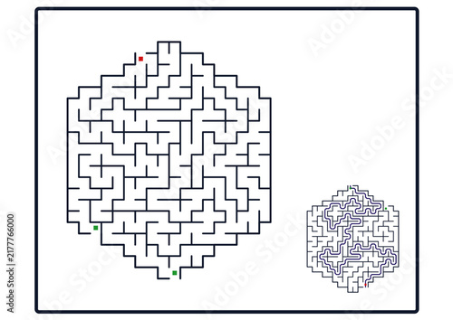 Two geometric maze diagrams with colored start and finish markers  