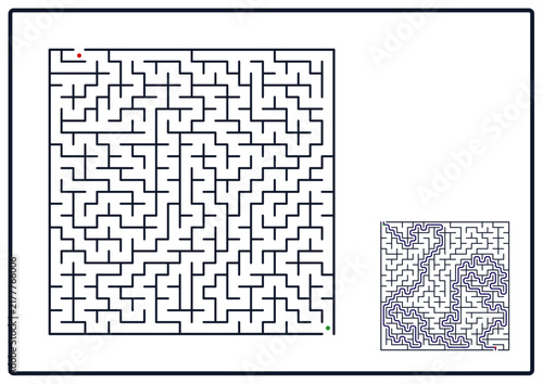 Printed mazes on white paper with a small completed maze inset  