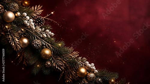 Elegant Christmas pine garland with golden ornaments on burgundy background.