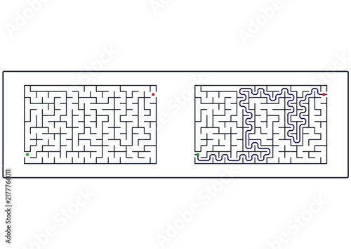 Rectangular maze puzzle with side by side solution worksheet vector  
