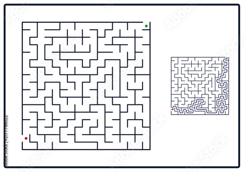 Square labyrinth game with solution black and white maze puzzle worksheet  