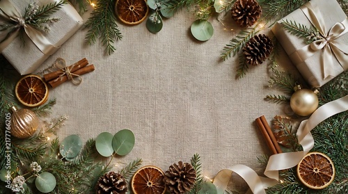 Festive Christmas holiday background frame with decorations and pine branches.