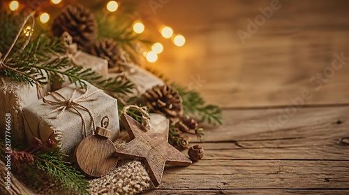 Rustic Christmas gift boxes with pine cones and warm lights.