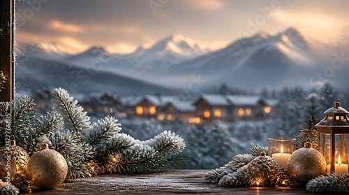 Snowy Winter Village Mountains Candles Pine Decor Christmas Atmosphere.