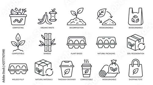Sustainable environmental icons vector graphic set featuring organic waste composting bamboo and biodegradable plant based materials