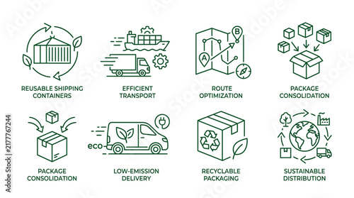 Green logistic icons set showing sustainable shipping methods and eco friendly supply chain vector graphic illustration