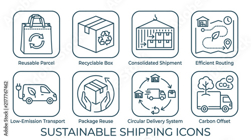 Sustainable shipping icons featuring eco friendly logistics solutions for modern businesses in simple linear vector style