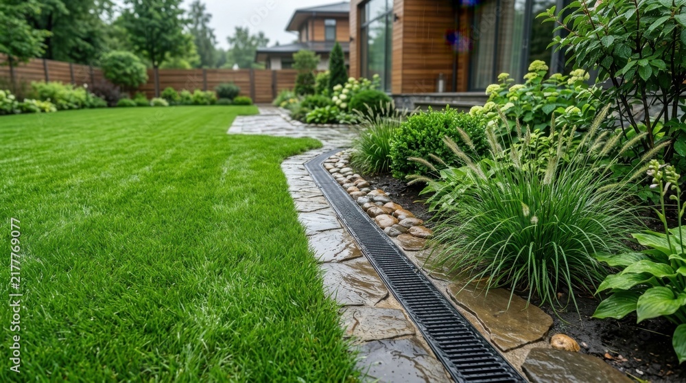 Obraz premium Outdoor trench drain system with grating installed in modern garden for effective water drainage on rainy day.