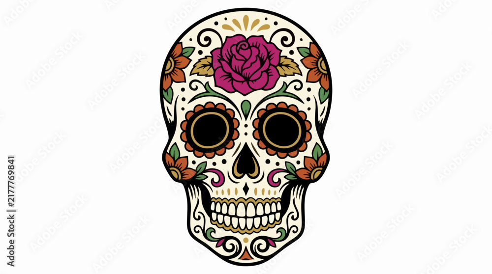 Fototapeta premium Mexican sugar skull with floral rose ornaments. Day of the Dead calavera vector. Ornate dia de los muertos skull illustration.
