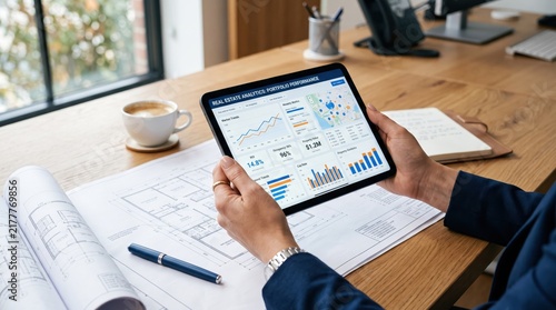 Real estate agent analyzing property portfolio performance on tablet device, holding digital dashboard with charts and graphs, architectural blueprints spread on wooden desk